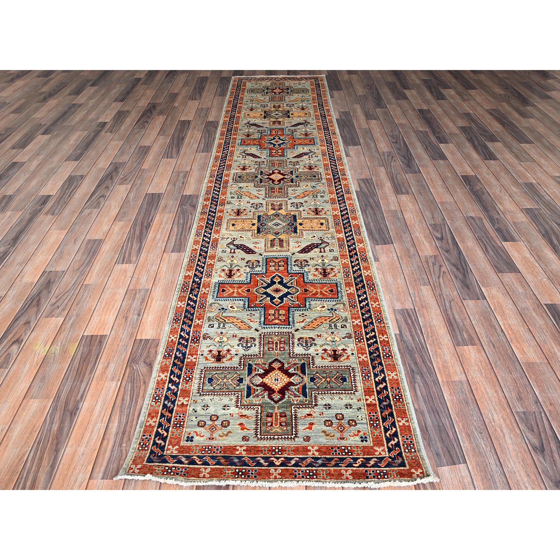 2'8"x11'3" Cloud Gray, Armenian Inspired Caucasian Design with Bird Figurines, 200 KPSI, Super Fine Wool, Hand Knotted, Vegetable Dyes, Denser Weave, Runner, Oriental Rug HR1147 - Image 2