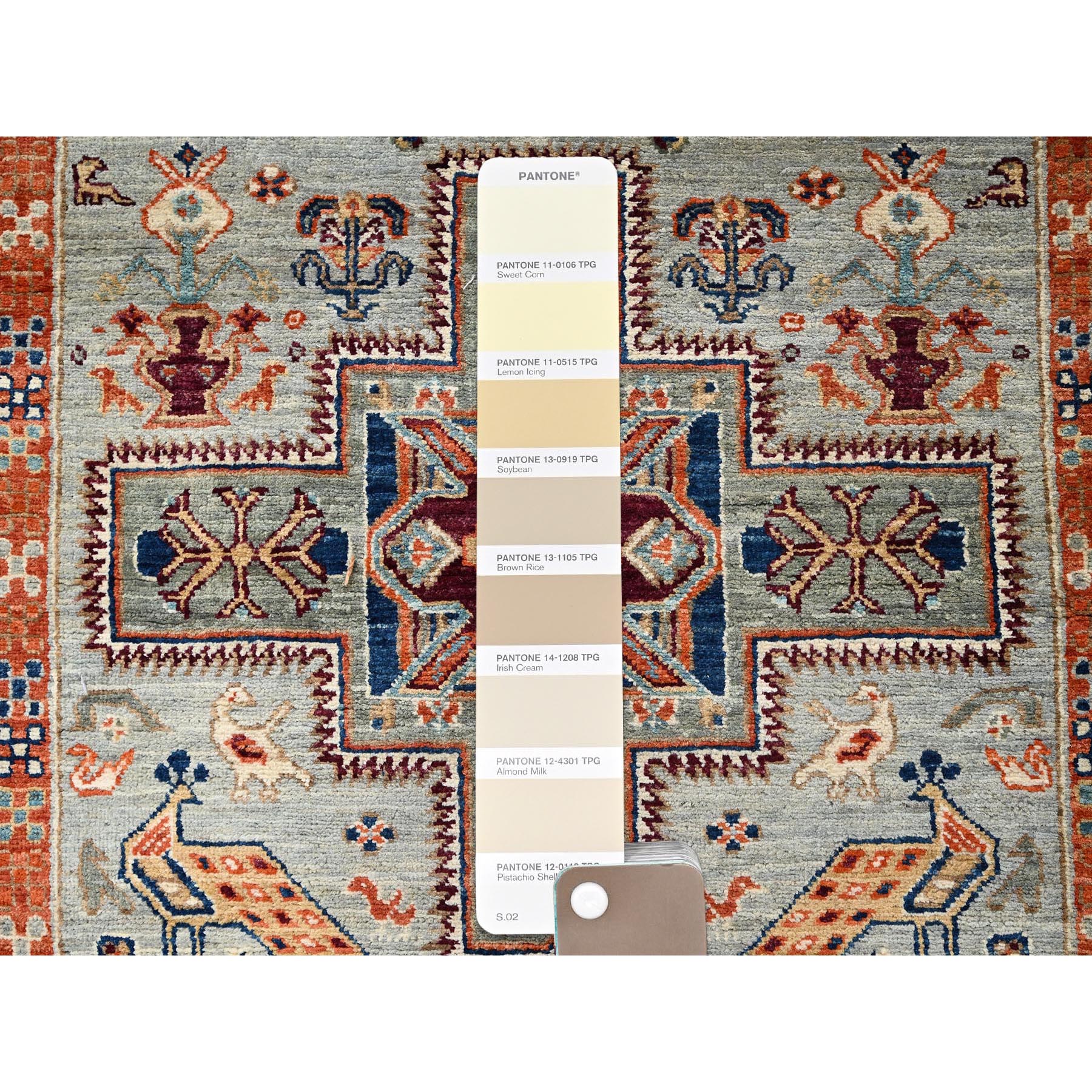 2'8"x11'3" Cloud Gray, Armenian Inspired Caucasian Design with Bird Figurines, 200 KPSI, Super Fine Wool, Hand Knotted, Vegetable Dyes, Denser Weave, Runner, Oriental Rug HR1147 - Image 4