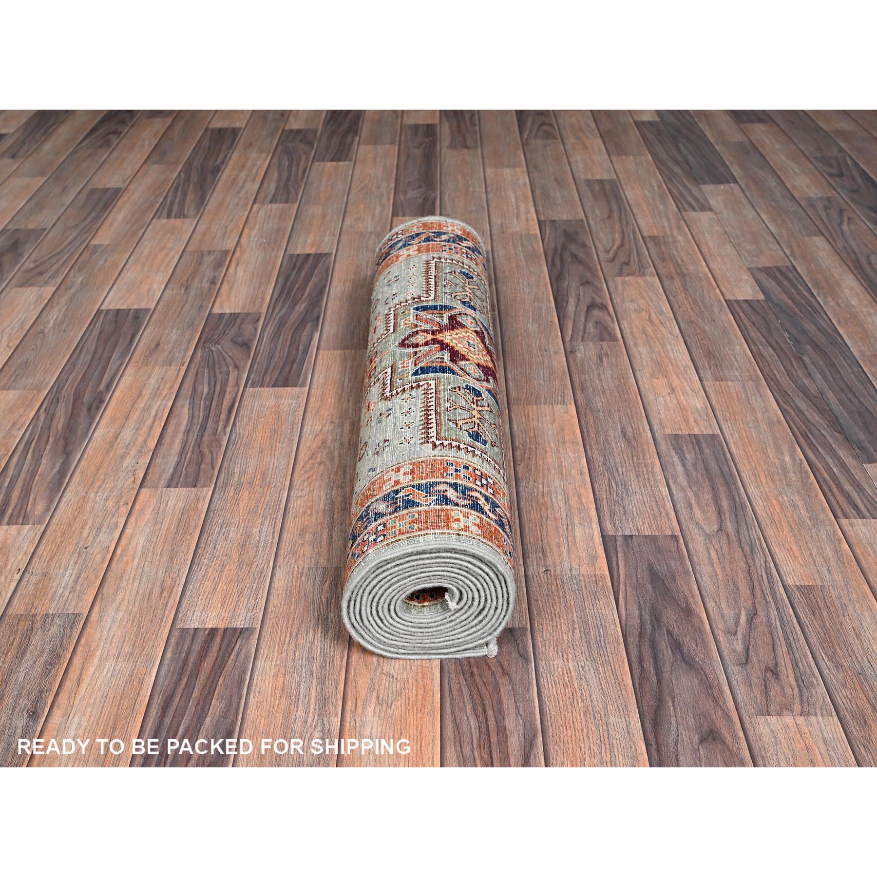 2'8"x11'3" Cloud Gray, Armenian Inspired Caucasian Design with Bird Figurines, 200 KPSI, Super Fine Wool, Hand Knotted, Vegetable Dyes, Denser Weave, Runner, Oriental Rug HR1147 - Image 5