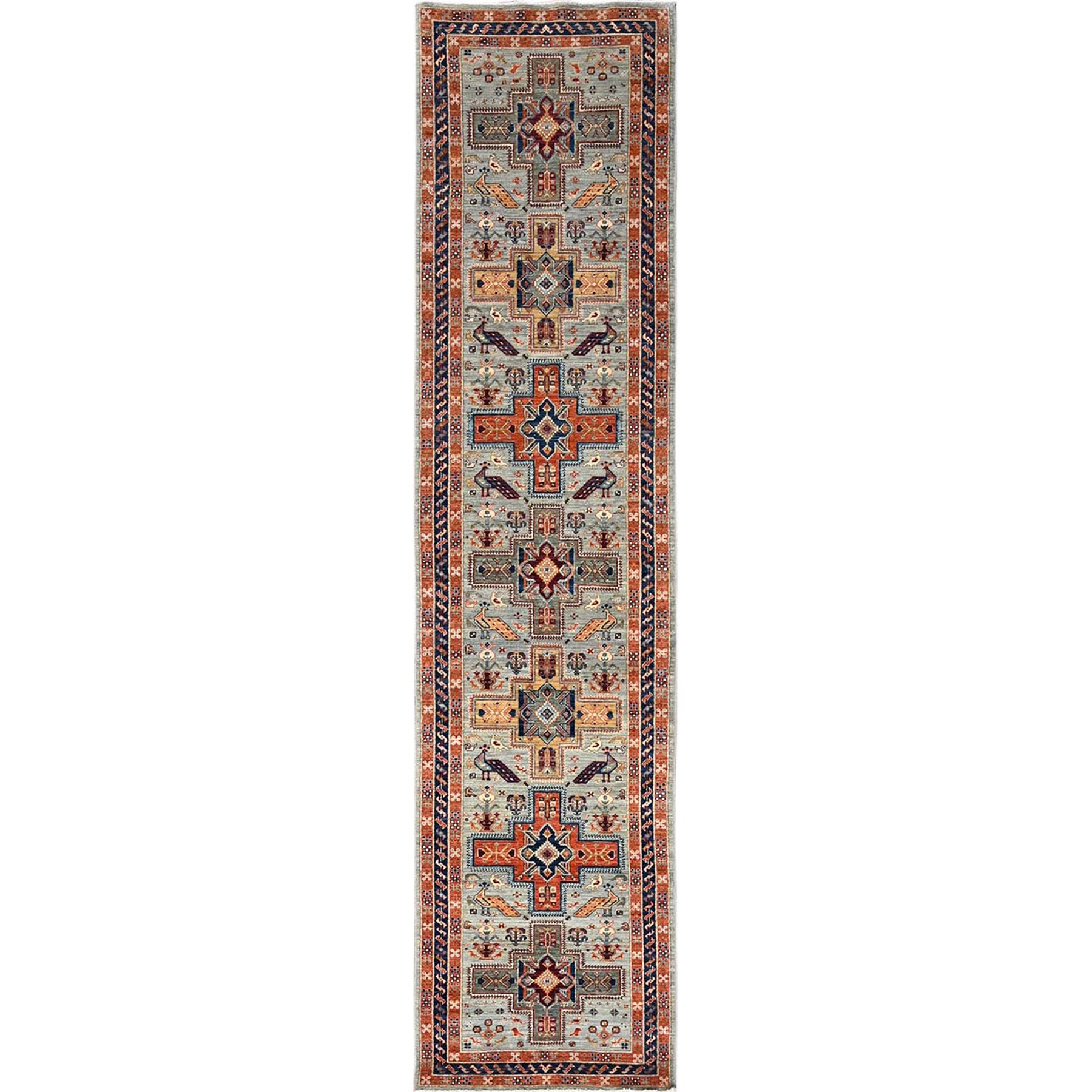 2'7"x11'3" Misty Gray, Armenian Inspired Caucasian Design with Bird Figurines, 200 KPSI, Super Fine Wool, Hand Knotted, Denser Weave, Vegetable Dyes, Runner, Oriental Rug HR1148