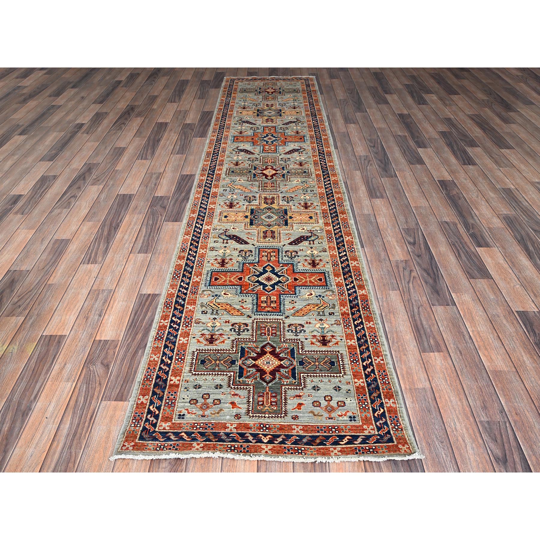 2'7"x11'3" Misty Gray, Armenian Inspired Caucasian Design with Bird Figurines, 200 KPSI, Super Fine Wool, Hand Knotted, Denser Weave, Vegetable Dyes, Runner, Oriental Rug HR1148 - Image 2
