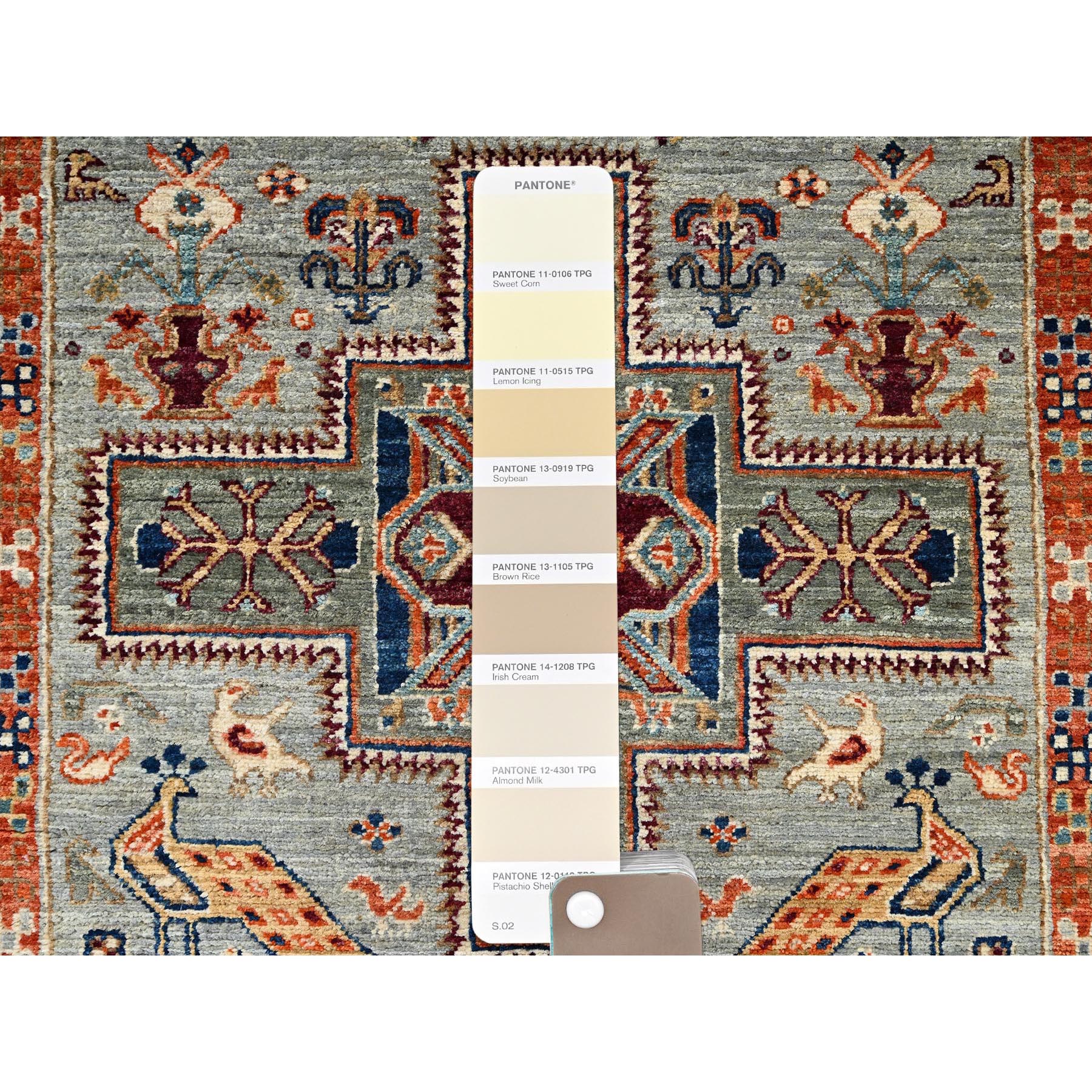 2'7"x11'3" Misty Gray, Armenian Inspired Caucasian Design with Bird Figurines, 200 KPSI, Super Fine Wool, Hand Knotted, Denser Weave, Vegetable Dyes, Runner, Oriental Rug HR1148 - Image 4