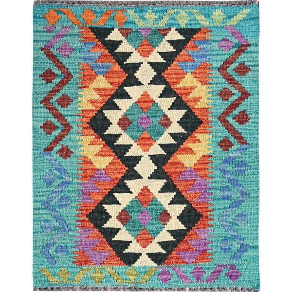 2'1"x2'8" Flame Orange, Flat Weave, Afghan Kilim with Colorful Geometric Pattern, Vegetable Dyes, Pure Wool, Hand Woven, Reversible, Mat, Oriental Rug HR1180