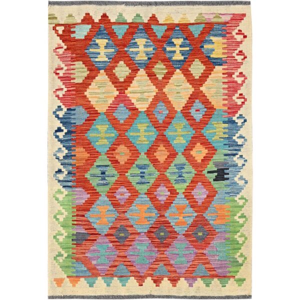 3'4"x4'9" Flame Orange, Afghan Kilim with Colorful Geometric Pattern, Vegetable Dyes, Pure Wool, Hand Woven, Flat Weave, Reversible, Oriental Rug HR1189