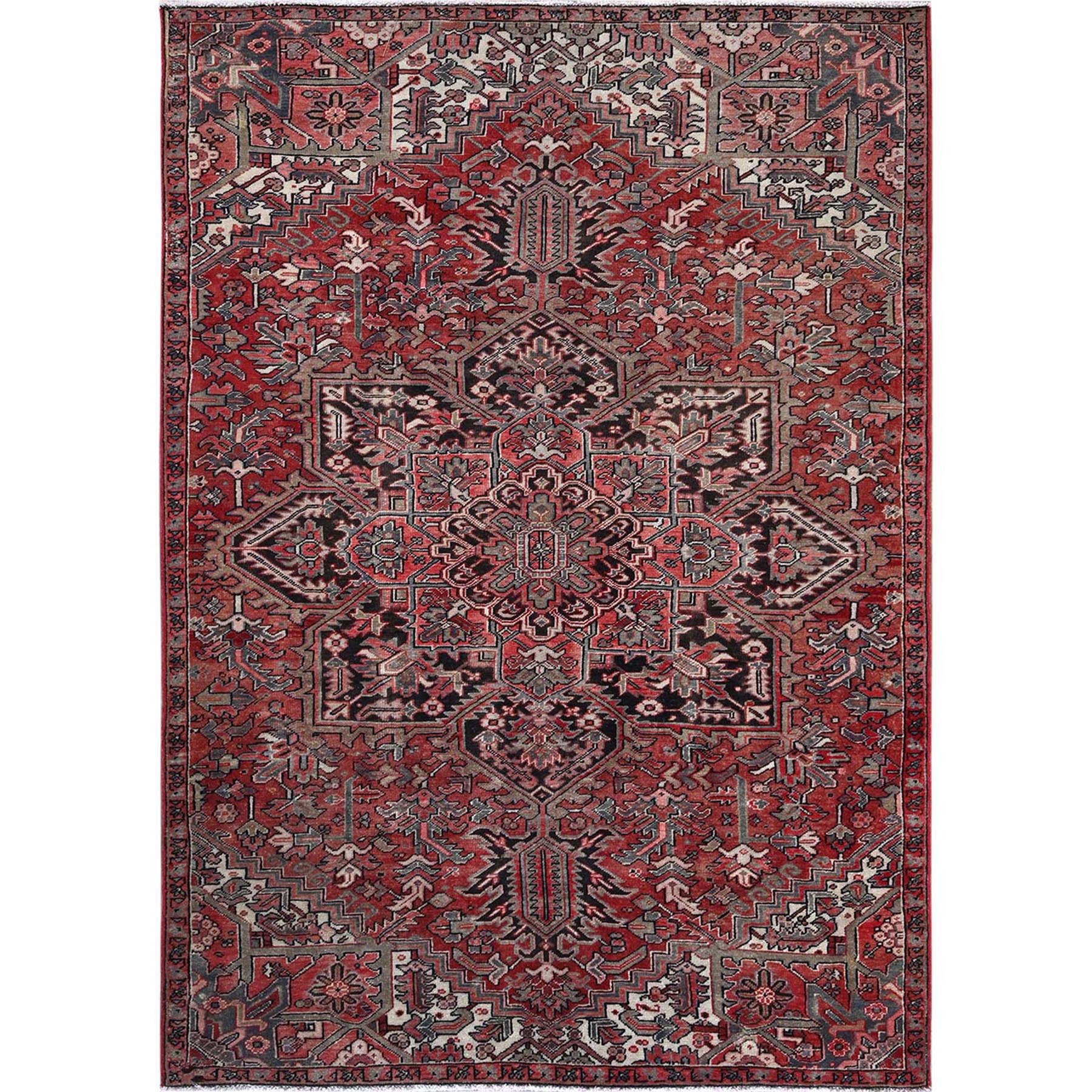 7'6"x10'7" Auburn Red, Vintage Persian Heriz with Flower Medallion Design, Worn and Distressed, 100% Wool, Hand Knotted, Cropped Thin, Good Condition, Sides and Ends Professionally Secured, Oriental Rug HR1249