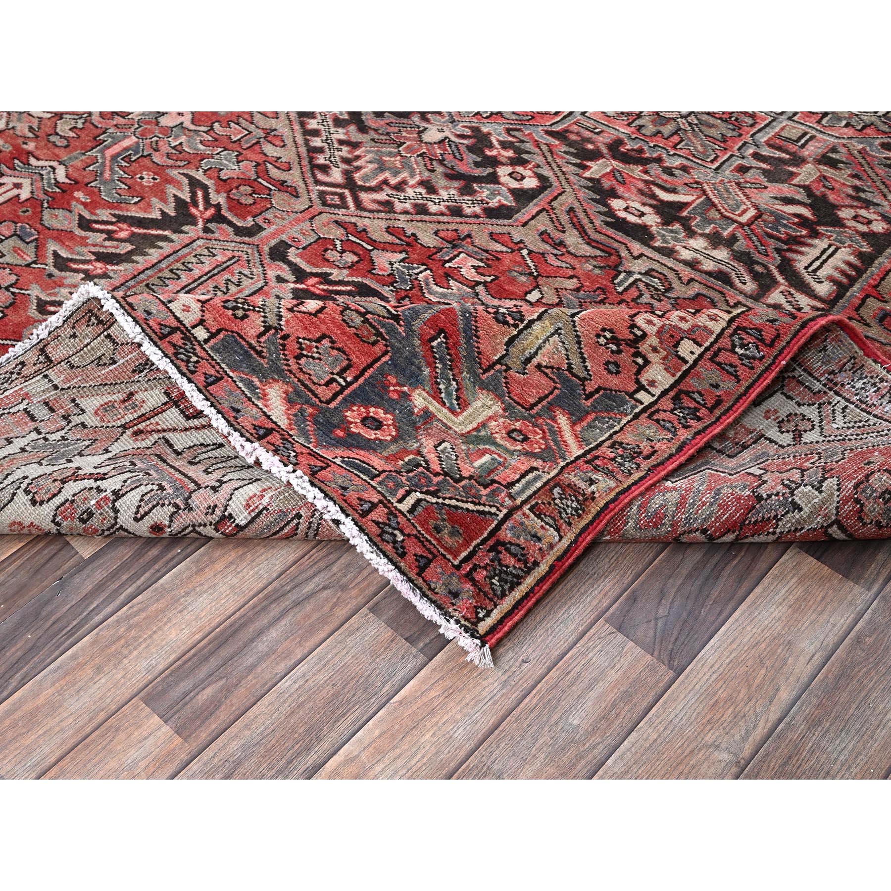 7'6"x10'7" Auburn Red, Vintage Persian Heriz with Flower Medallion Design, Worn and Distressed, 100% Wool, Hand Knotted, Cropped Thin, Good Condition, Sides and Ends Professionally Secured, Oriental Rug HR1249 - Image 7