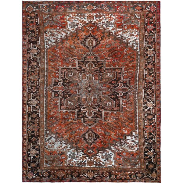 8'4"x11'4" Rust Red, Vintage Persian Heriz with Geometric Medallion Design, 100% Wool, Hand Knotted, Even Wear, Cropped Thin, Good Condition, Sides and Ends Professionally Secured, Oriental Rug HR1254