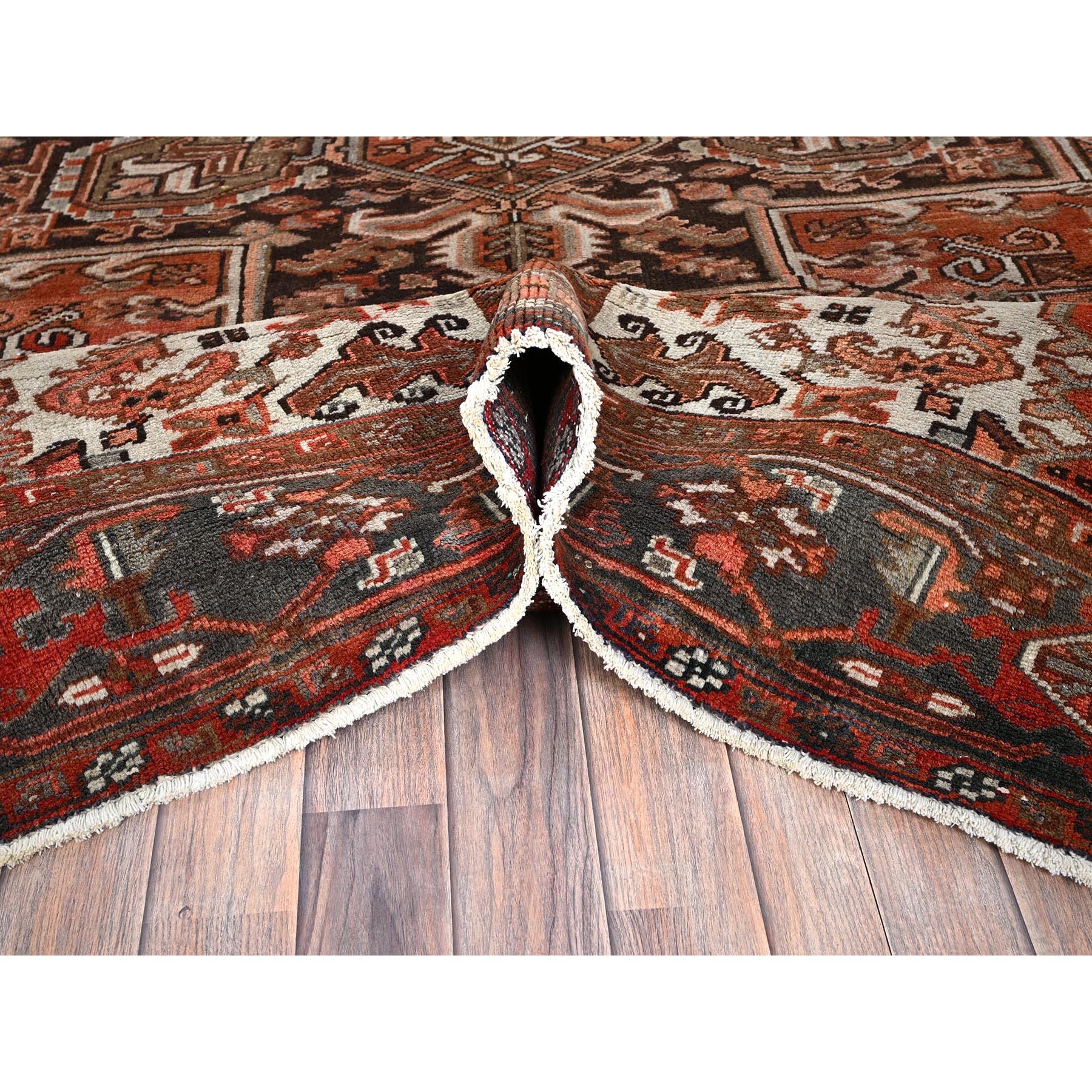 8'4"x11'4" Rust Red, Vintage Persian Heriz with Geometric Medallion Design, 100% Wool, Hand Knotted, Even Wear, Cropped Thin, Good Condition, Sides and Ends Professionally Secured, Oriental Rug HR1254 - Image 6