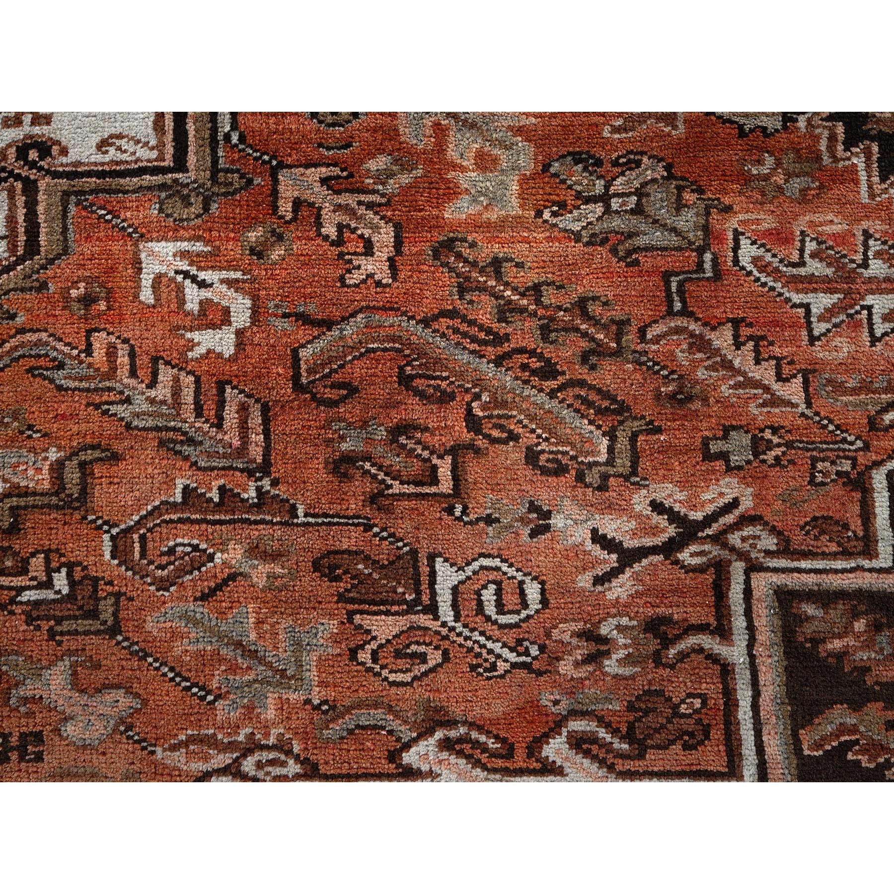8'4"x11'4" Rust Red, Vintage Persian Heriz with Geometric Medallion Design, 100% Wool, Hand Knotted, Even Wear, Cropped Thin, Good Condition, Sides and Ends Professionally Secured, Oriental Rug HR1254 - Image 8