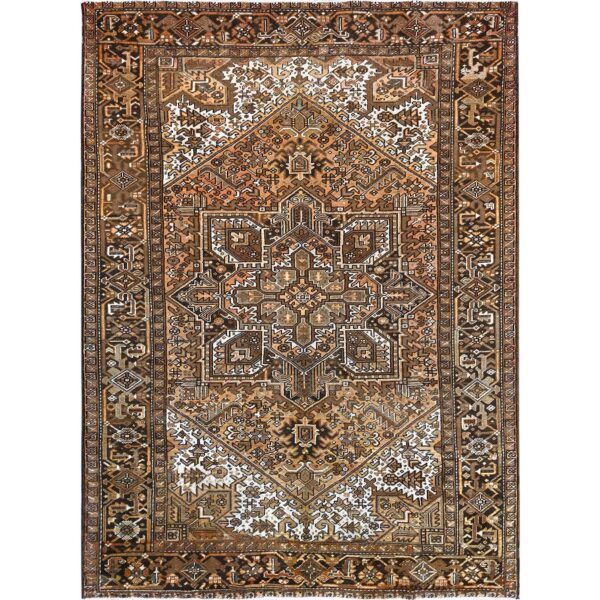 7'6"x10'2" Tawny Brown, Vintage Persian Heriz with Geometric Medallion Design, Pure Wool, Hand Knotted, Evenly Worn, Shaved Down, Good Condition, Sides and Ends Professionally Secured, Oriental Rug HR1258