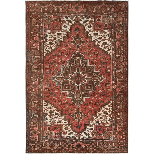 6'5"x9'7" Terracotta Red, Vintage Persian Heriz with Geometric Medallion Design, Even Wear, Cropped Thin, Good Condition, Sides and Ends Professionally Secured, 100% Wool, Hand Knotted, Oriental Rug HR1270