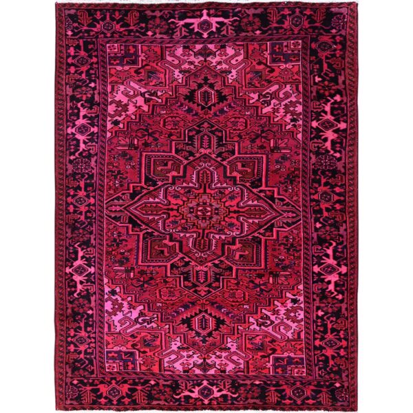 7'x9'5" Red Overdyed, Semi Antique Persian Heriz with Large Medallion, Worn Down, Sheared Low, Zero Pile, Sides and Ends Professionally Secured, Hand Knotted, 100% Wool, Oriental Rug HR1275