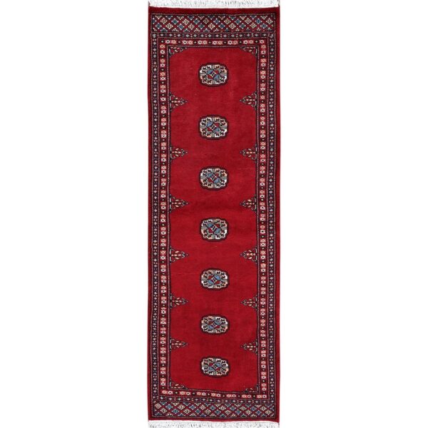 2'1"x6' Crimson Red, Princess Bokara with Tribal Medallions Design, Vegetable Dyes, Soft Wool, Hand Knotted, Narrow Runner, Oriental Rug HR1293