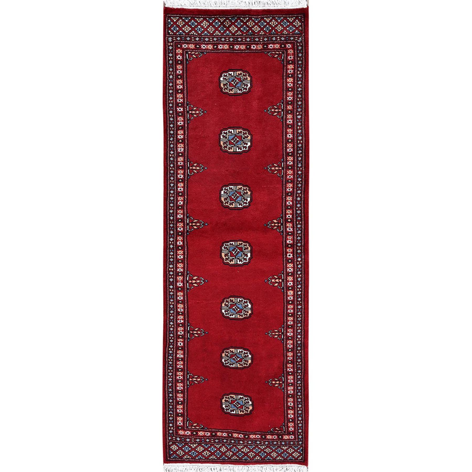2'1"x6' Crimson Red, Princess Bokara with Tribal Medallions Design, Vegetable Dyes, Soft Wool, Hand Knotted, Narrow Runner, Oriental Rug HR1293