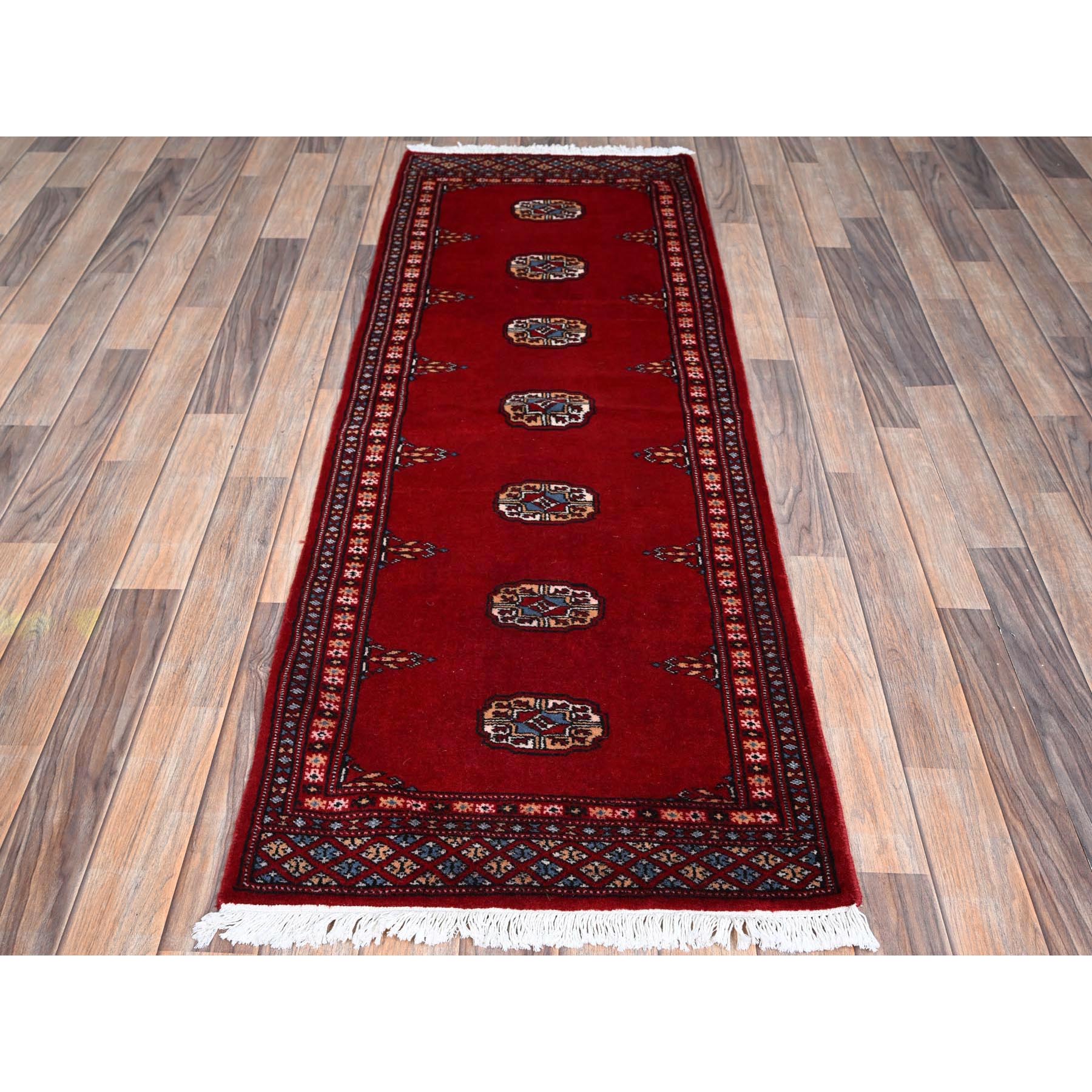 2'1"x6' Crimson Red, Princess Bokara with Tribal Medallions Design, Vegetable Dyes, Soft Wool, Hand Knotted, Narrow Runner, Oriental Rug HR1293 - Image 2