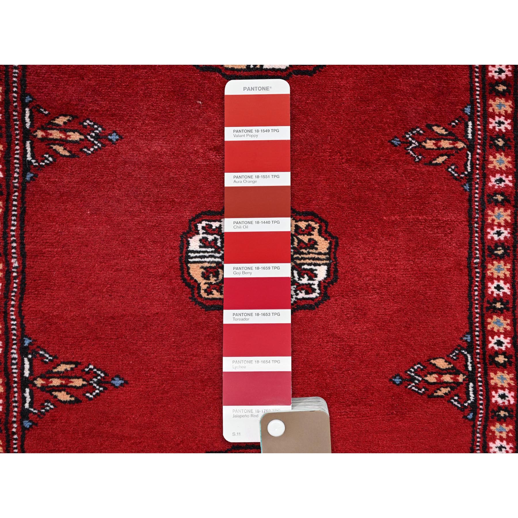 2'1"x6' Crimson Red, Princess Bokara with Tribal Medallions Design, Vegetable Dyes, Soft Wool, Hand Knotted, Narrow Runner, Oriental Rug HR1293 - Image 4