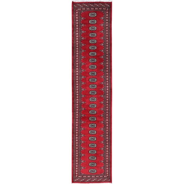 2'6"x12'5" Ajax Red, Princess Bokara with Tribal Medallions, Vegetable Dyes, Soft and Shiny Wool, Hand Knotted, Runner, Oriental Rug HR1302
