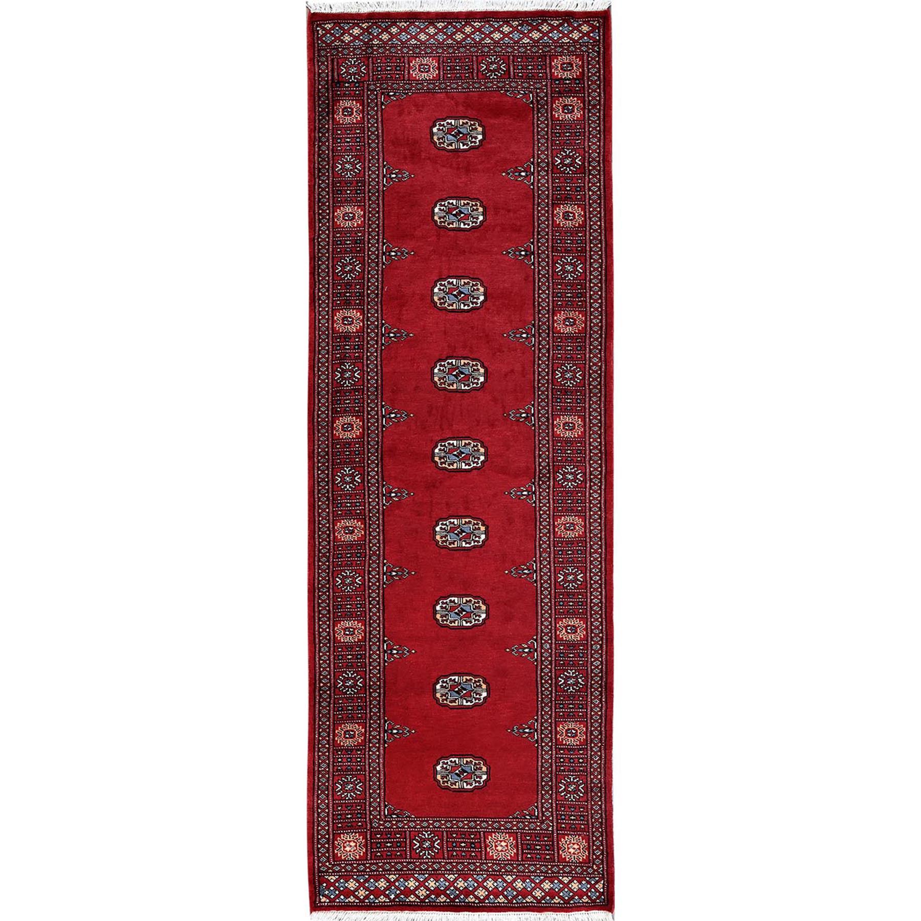 2'7"x7'10" Scarlet Red, Princess Bokara with Tribal Medallions, Vegetable Dyes, Soft and Velvety Wool, Hand Knotted, Runner, Oriental Rug HR1306