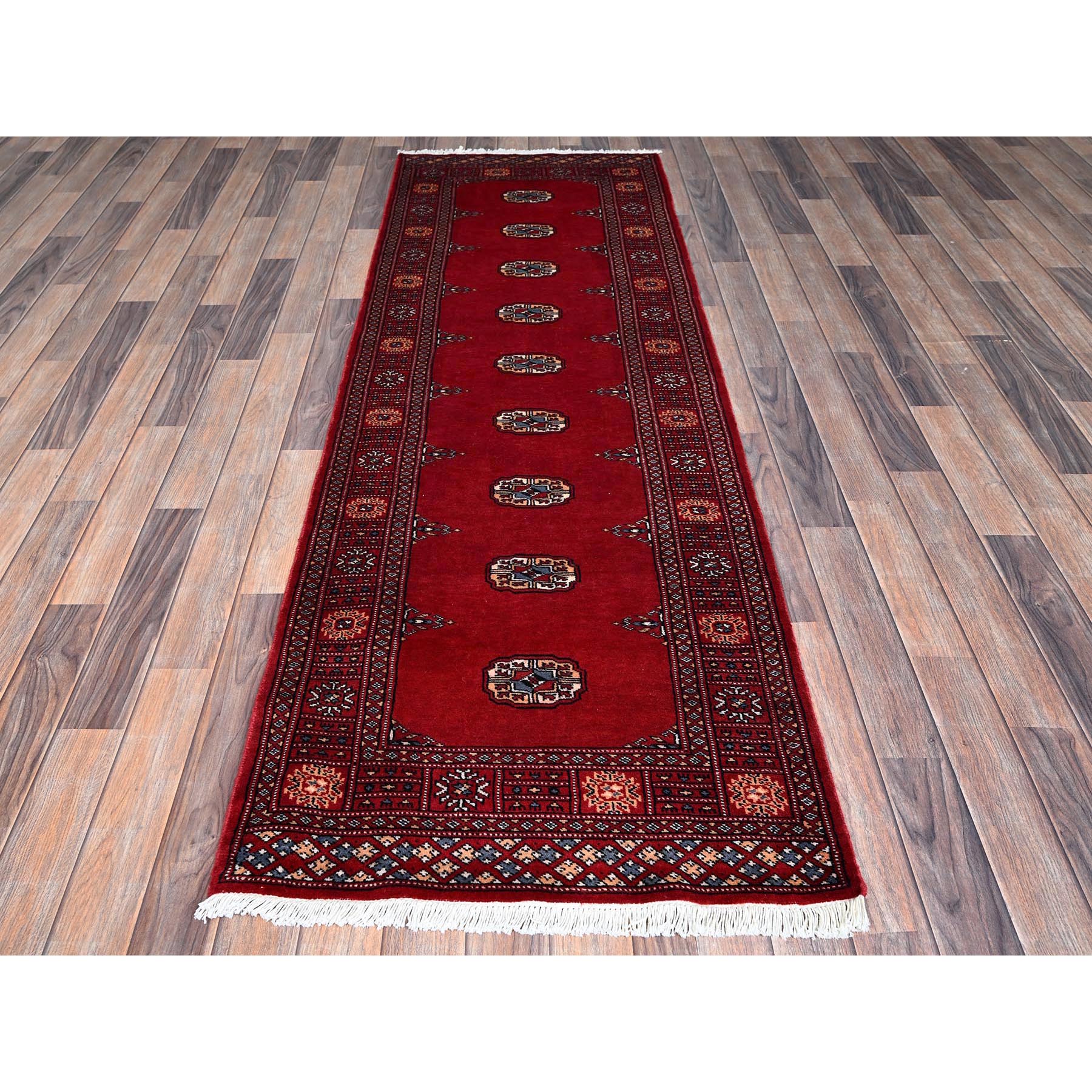 2'7"x7'10" Scarlet Red, Princess Bokara with Tribal Medallions, Vegetable Dyes, Soft and Velvety Wool, Hand Knotted, Runner, Oriental Rug HR1306 - Image 2