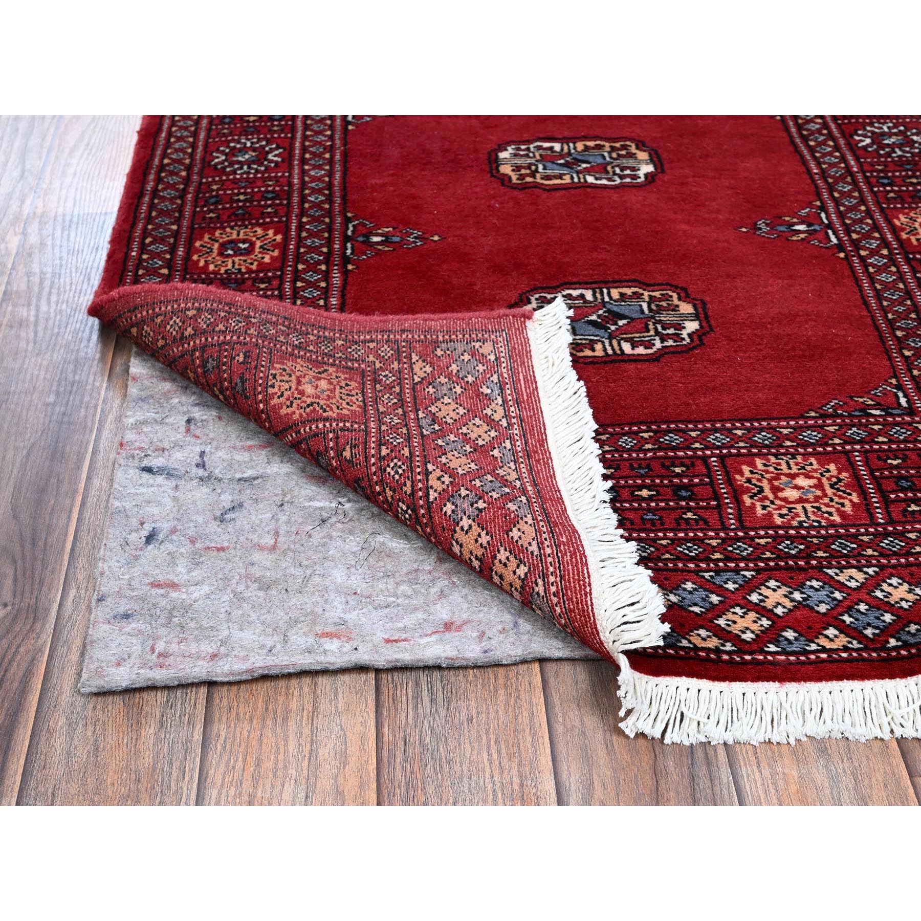 2'7"x7'10" Scarlet Red, Princess Bokara with Tribal Medallions, Vegetable Dyes, Soft and Velvety Wool, Hand Knotted, Runner, Oriental Rug HR1306 - Image 3