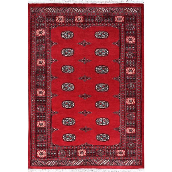 4'2"x6' Scarlet Red, Princess Bokara with Geometric Medallions, Vegetable Dyes, Soft and Vibrant Wool, Hand Knotted, Oriental Rug HR1309