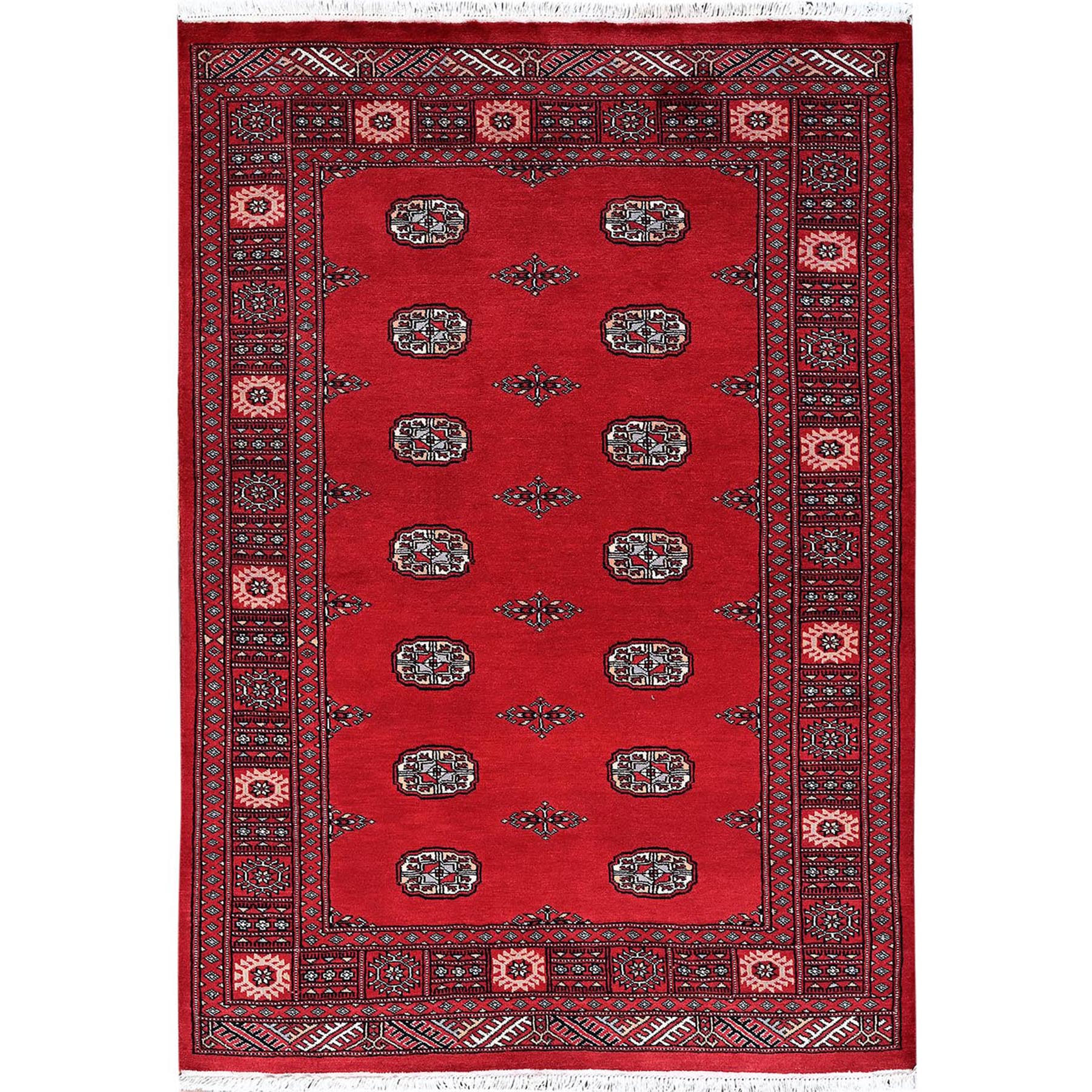 4'2"x6' Scarlet Red, Princess Bokara with Geometric Medallions, Vegetable Dyes, Soft and Vibrant Wool, Hand Knotted, Oriental Rug HR1309