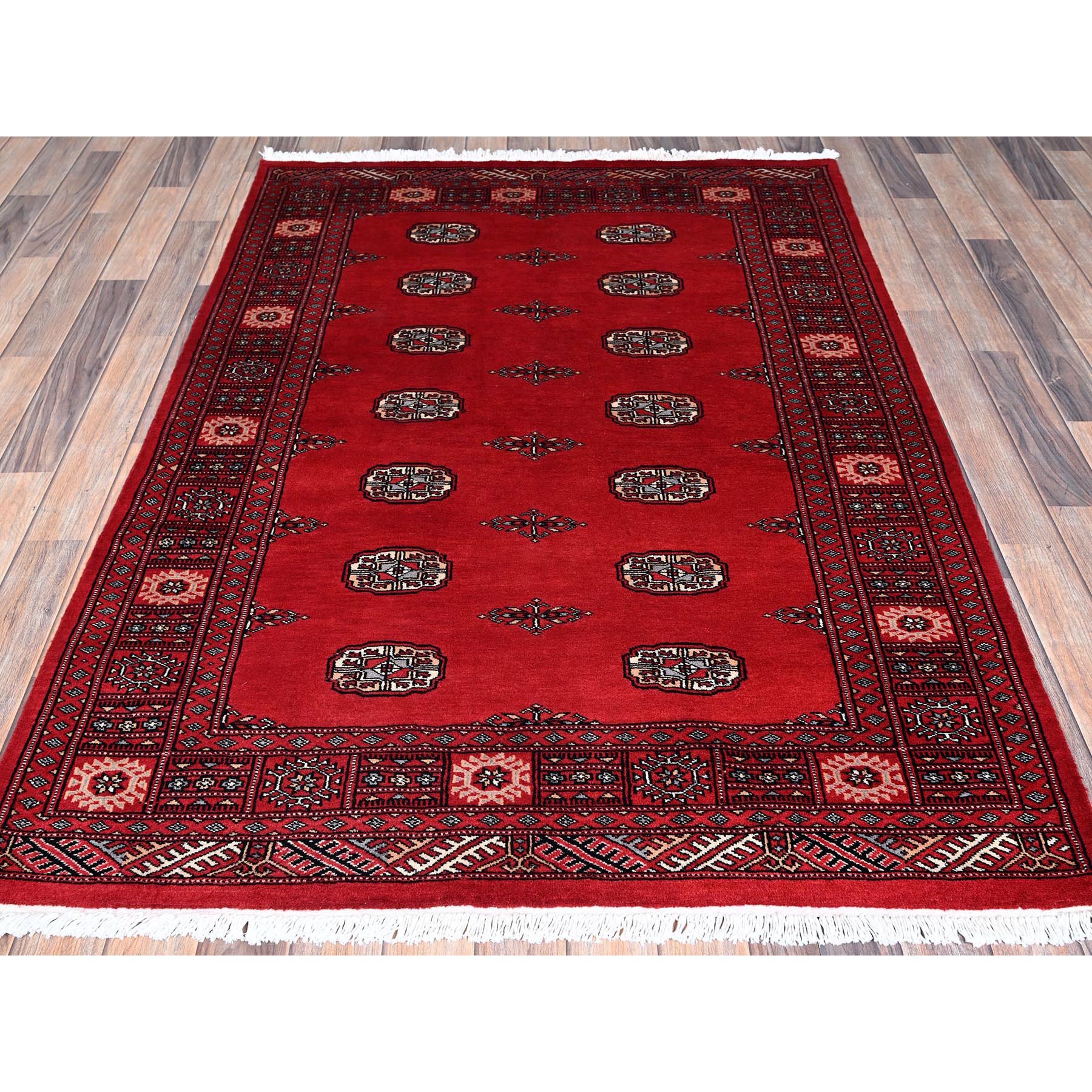 4'2"x6' Scarlet Red, Princess Bokara with Geometric Medallions, Vegetable Dyes, Soft and Vibrant Wool, Hand Knotted, Oriental Rug HR1309 - Image 2
