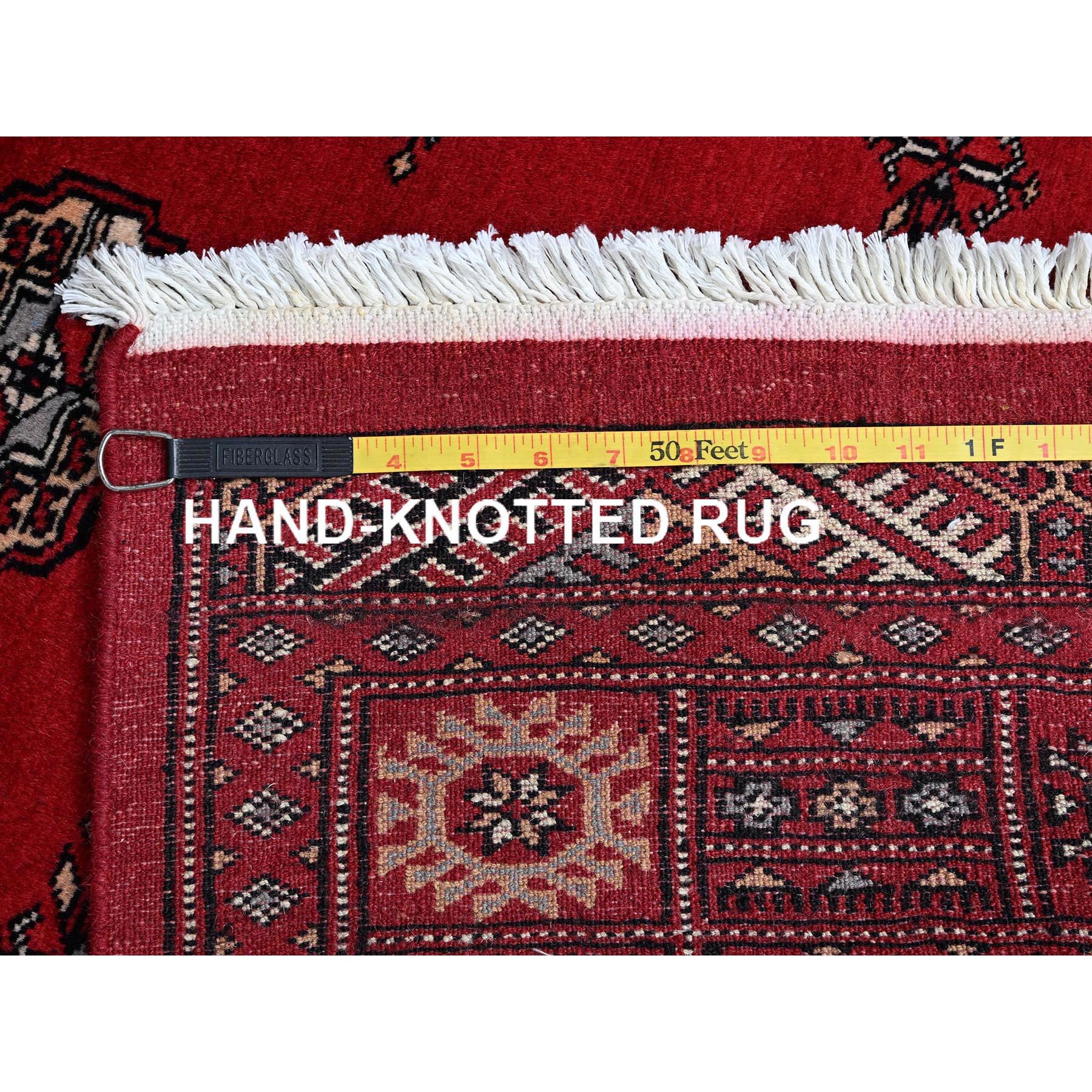 4'2"x6' Scarlet Red, Princess Bokara with Geometric Medallions, Vegetable Dyes, Soft and Vibrant Wool, Hand Knotted, Oriental Rug HR1309 - Image 7