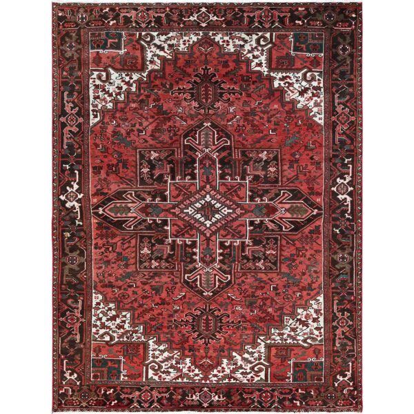 8'1"x10'8" Blush Red, Vintage Persian Heriz with Geometric Medallion Design, 100% Wool, Hand Knotted, Even Wear, Cropped Thin, Good Condition, Sides and Ends Professionally Secured, Oriental Rug HR1330