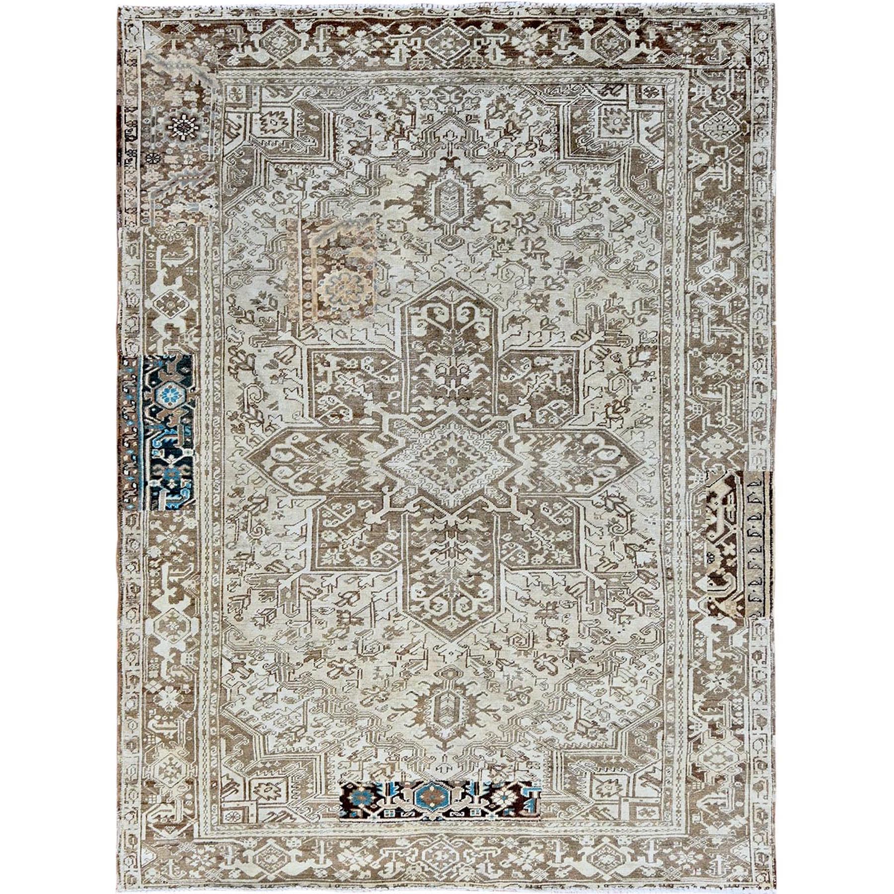 7'6"x10'4" Pastel Gray, Vintage Persian Heriz with Geometric Medallion Design, Stone Washed, Unique Patches, Abrash, 100% Wool, Hand Knotted, Even Wear, Cropped Thin, Sides and Ends Professionally Secured, Oriental Rug HR1337