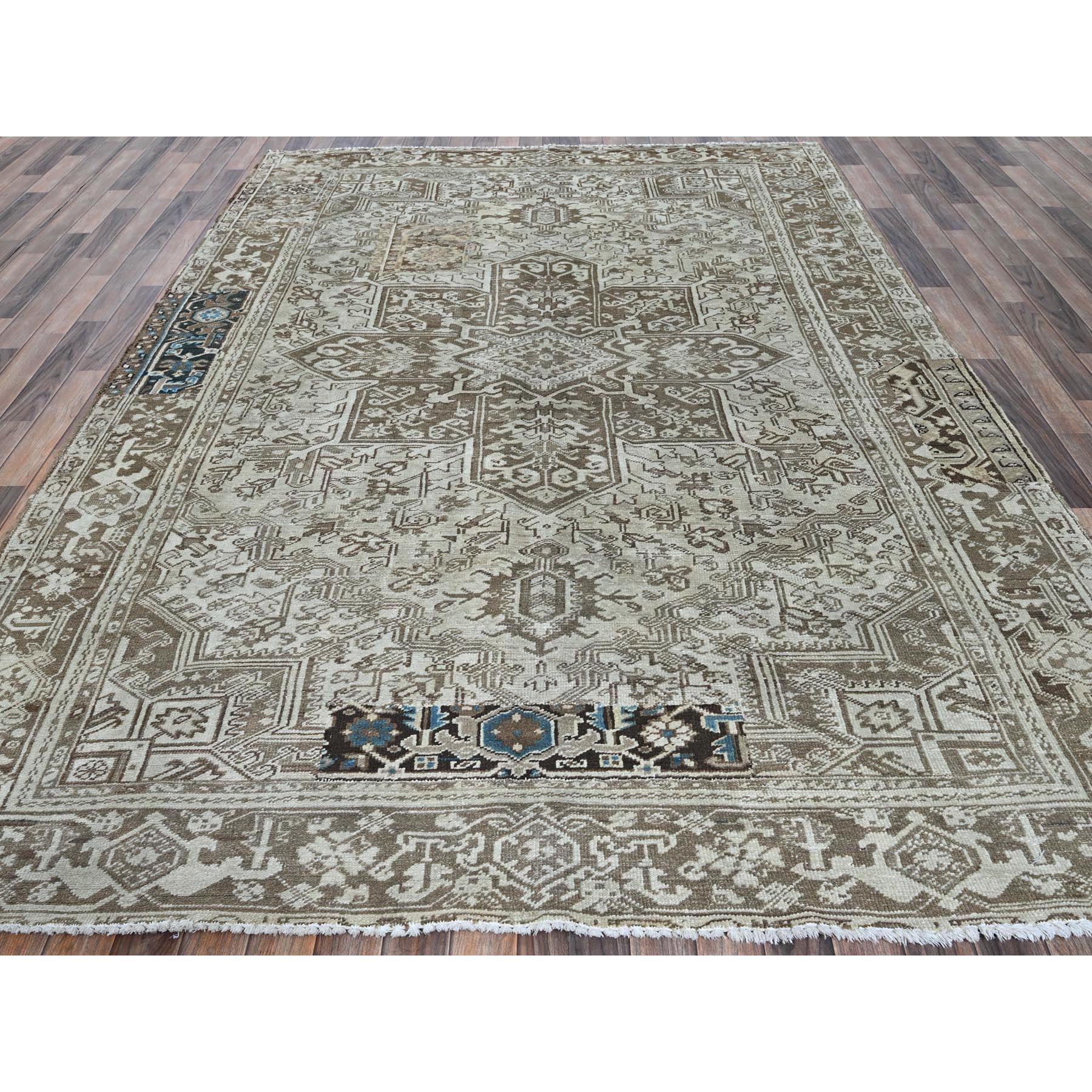 7'6"x10'4" Pastel Gray, Vintage Persian Heriz with Geometric Medallion Design, Stone Washed, Unique Patches, Abrash, 100% Wool, Hand Knotted, Even Wear, Cropped Thin, Sides and Ends Professionally Secured, Oriental Rug HR1337 - Image 3