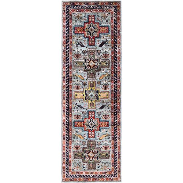 2'7"x8' Misty Gray, Armenian Inspired Caucasian Design with Bird Figurines, Super Fine Wool, 200 KPSI, Hand Knotted, Vegetable Dyes, Denser Weave, Runner, Oriental Rug HR1345