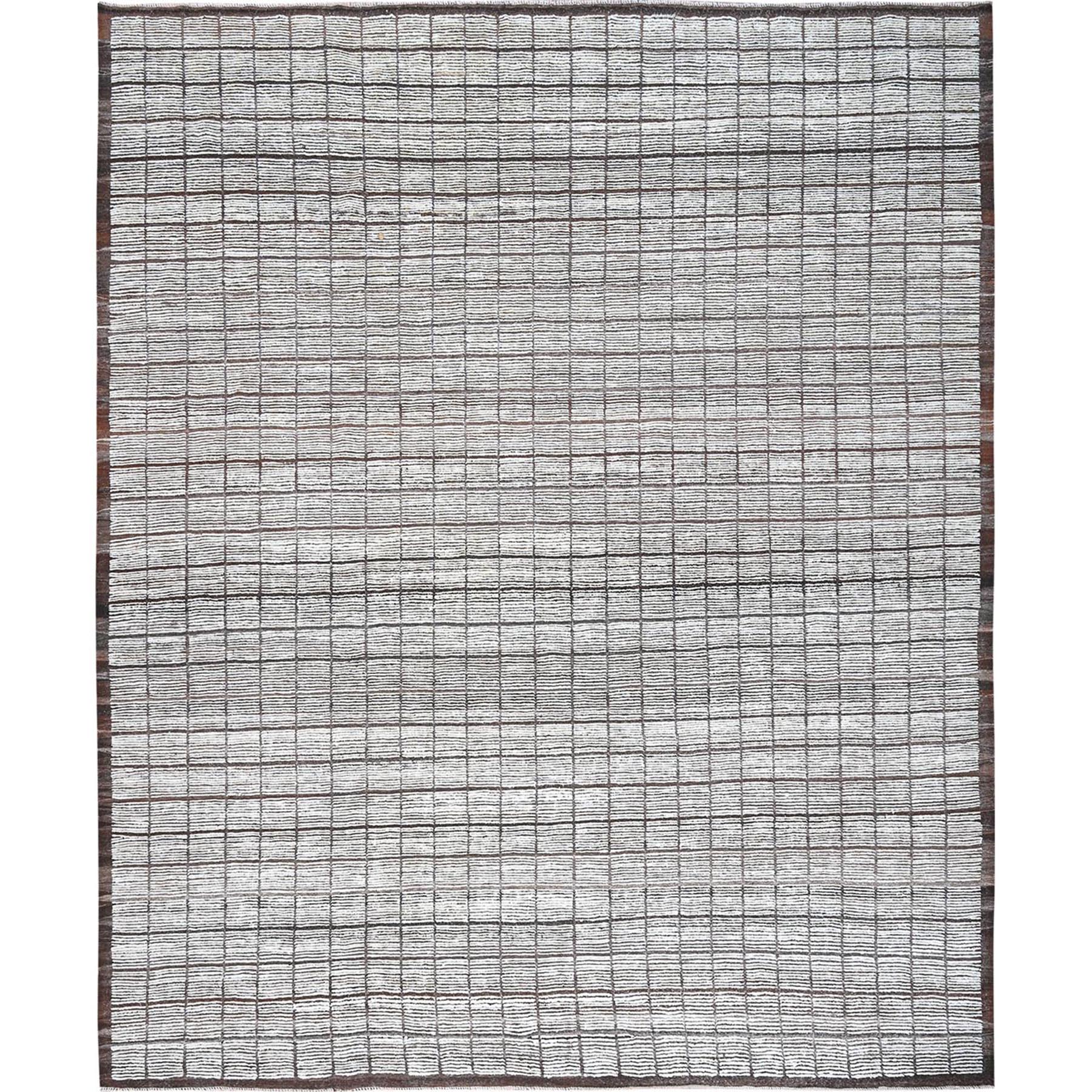 12'6"x15' Porcelain White, Moroccan Weave with Box Design, Textured Pile, Tone on Tone, 100% Wool, Hand Knotted, Oversized, Oriental Rug HR1375