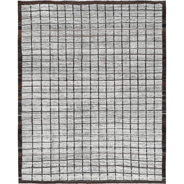 9'7"x11'8" Snow White, Moroccan Weave with Grid Design, Tone on Tone, Textured Pile, 100% Wool, Hand Knotted, Oriental Rug HR1376