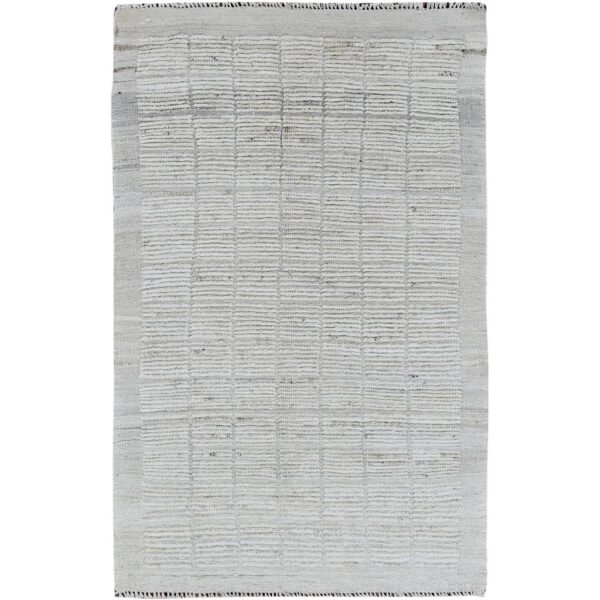 3'x5' Alabaster White, Moroccan Weave with Grid Design, Tone on Tone, 100% Wool, Textured Pile, Hand Knotted, Oriental Rug HR1382