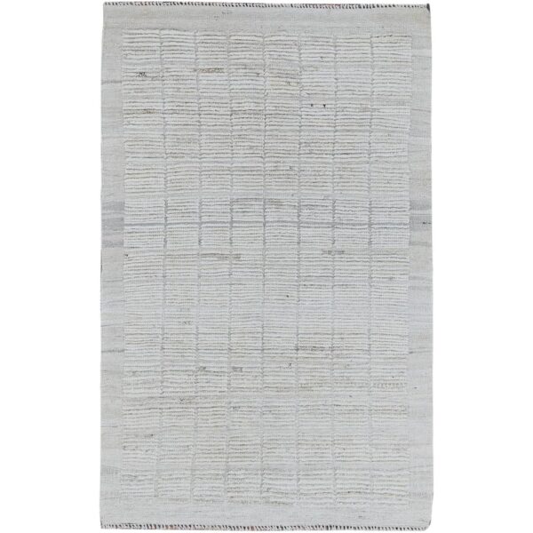 3'x5' Chiffon White, Moroccan Weave with Box Design, Textured Pile, Tone on Tone, 100% Wool, Hand Knotted, Oriental Rug HR1383