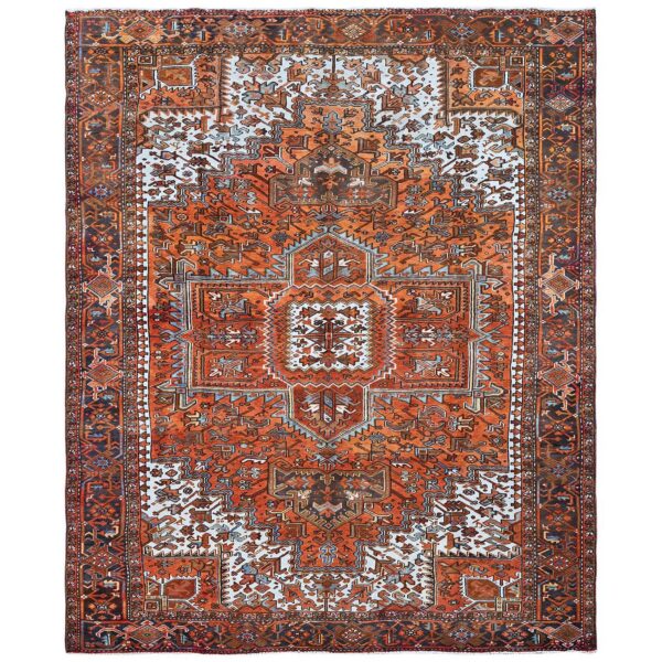 10'x12' Burnt Orange, Vintage Persian Heriz with Geometric Medallion Design, Hand Knotted, Pure Wool, Even Wear, Sheared Low, Good Condition, Sides and Ends Professionally Secured, Oriental Rug HR263