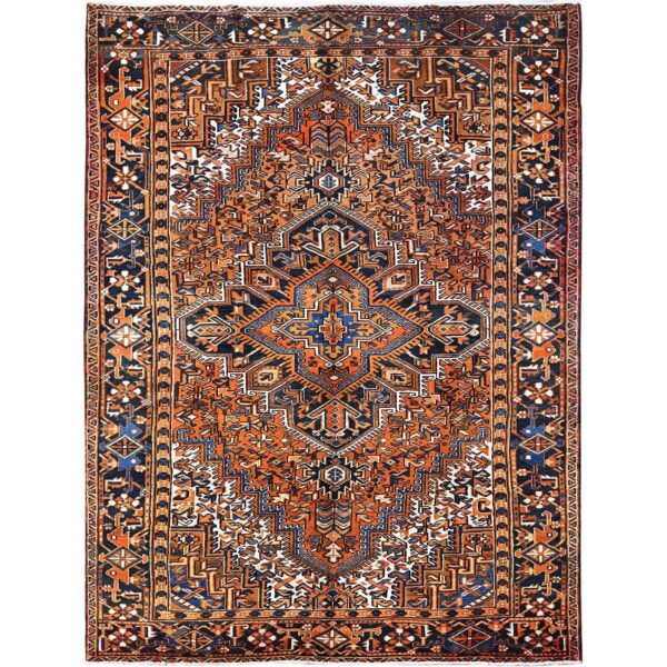7'4"x10'1" Apricot Orange, Vintage Persian Heriz with Geometric Medallion Design, Pure Wool, Hand Knotted, Even Wear, Sheared Low, Good Condition, Sides and Ends Professionally Secured, Oriental Rug HR287