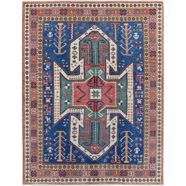 5'2"x7' Imperial Blue, Swan Kazak with Small Animal Figurines, Hand Knotted, Soft and Velvety Wool, Denser Weave, Vegetable Dyes, Oriental Rug HR537