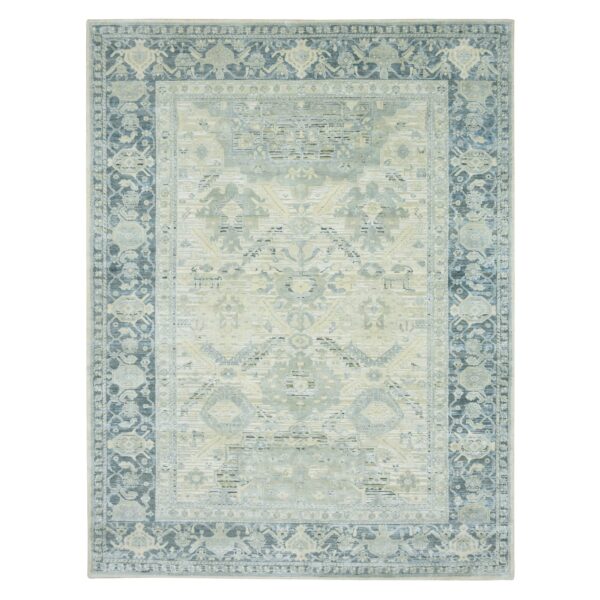 9'1"x12' Storm Gray, Silk and Oxidized Wool, Oushak Design with Geometric Pattern, Hand Knotted, Oriental Rug HR75522