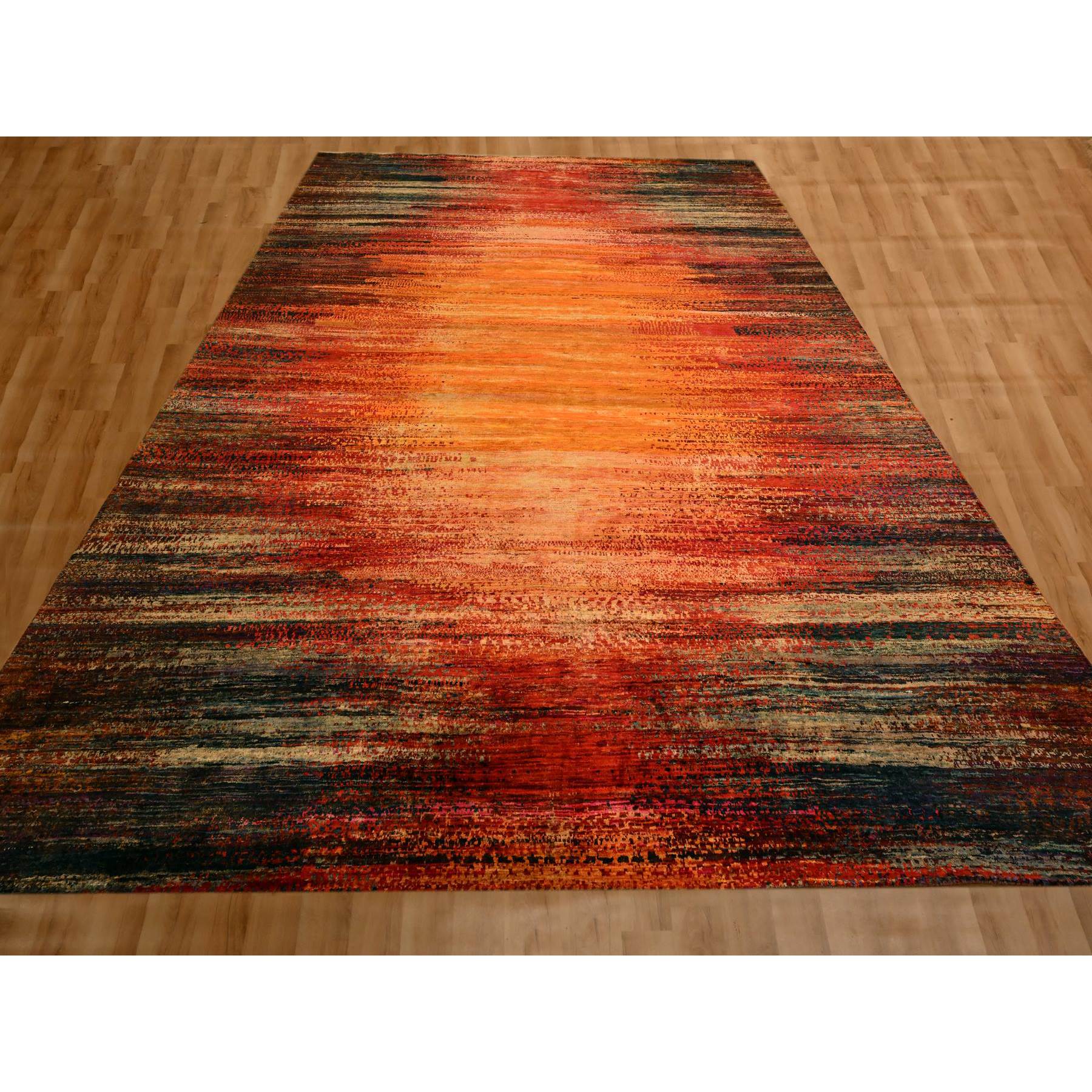 9'10"x14'1" Sunset Colors, Pure Sari Silk, Modern Design, Soft to the Touch, Hand Knotted, Oriental Rug HR76172 - Image 2