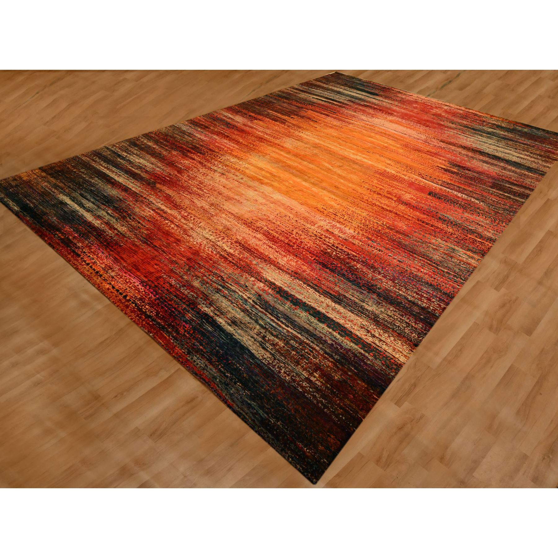 9'10"x14'1" Sunset Colors, Pure Sari Silk, Modern Design, Soft to the Touch, Hand Knotted, Oriental Rug HR76172 - Image 3