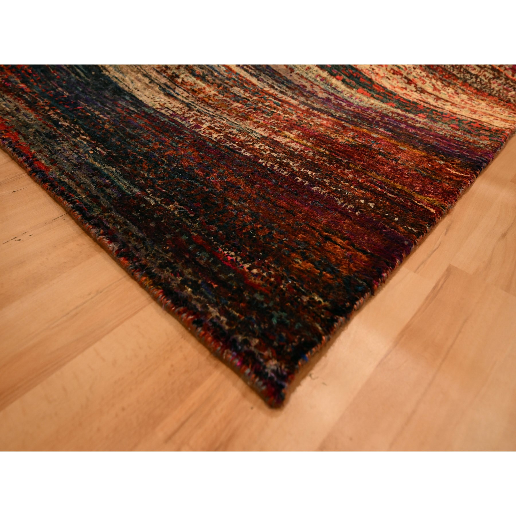 9'10"x14'1" Sunset Colors, Pure Sari Silk, Modern Design, Soft to the Touch, Hand Knotted, Oriental Rug HR76172 - Image 6