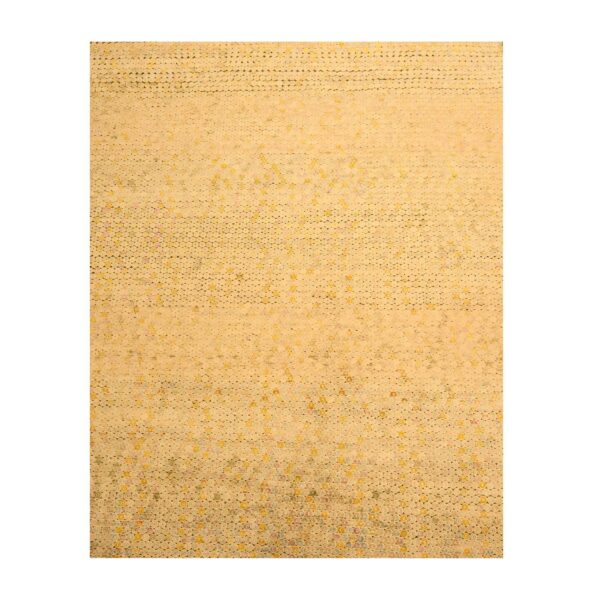 8'1"x10'1" Beige with Golden Yellow, THE BUTTONS, Distressed Colors, Wool and Sari Silk, Hand Knotted, Soft to the Touch, Oriental Rug HR76184