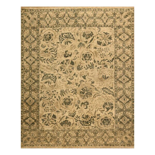 7'10"x9'9" Earth Tone Colors, All Over Leaf Design, Undyed Natural Wool, Zero Pile, Distressed, Shaved Low, Hand Knotted, Oriental Rug HR76192