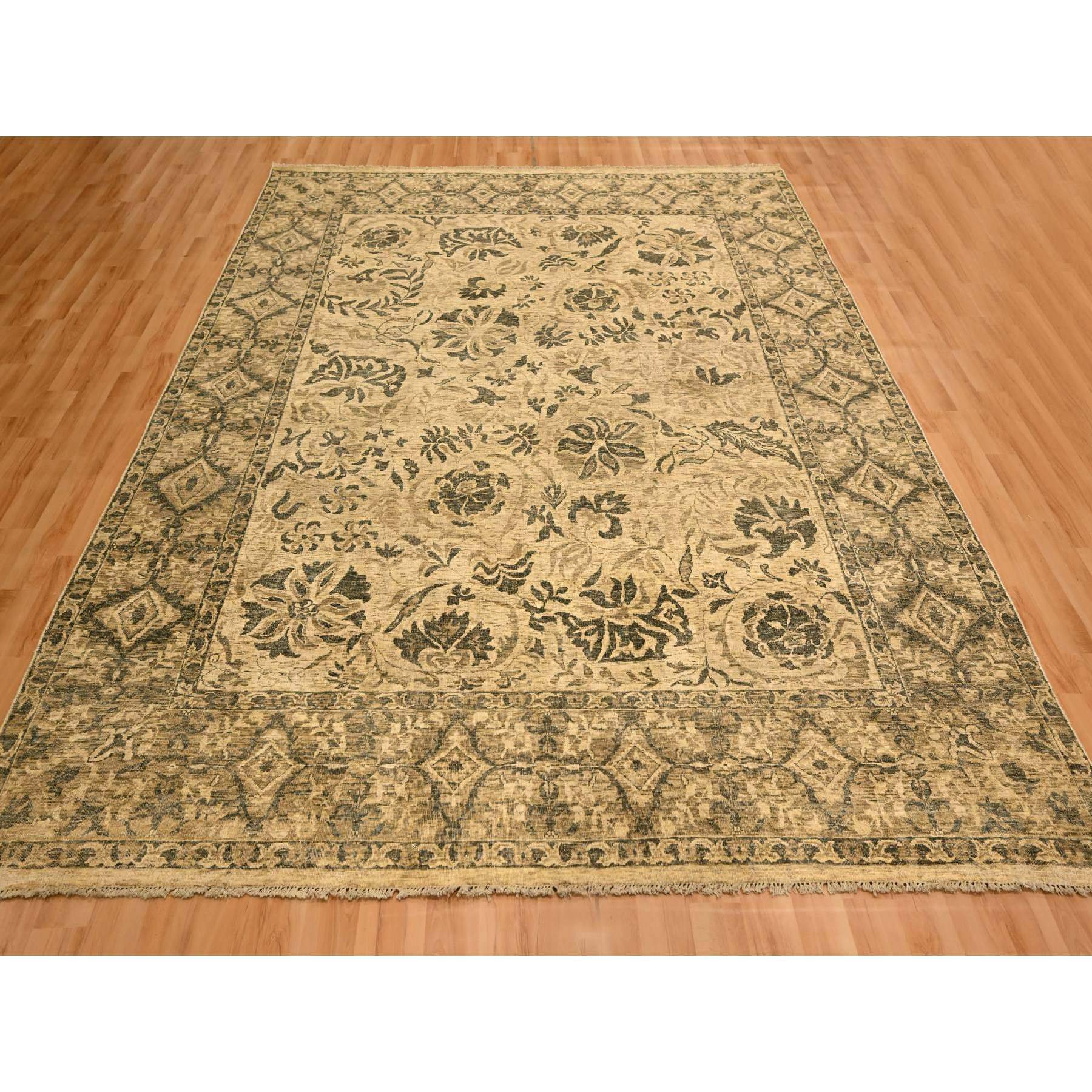 7'10"x9'9" Earth Tone Colors, All Over Leaf Design, Undyed Natural Wool, Zero Pile, Distressed, Shaved Low, Hand Knotted, Oriental Rug HR76192 - Image 2