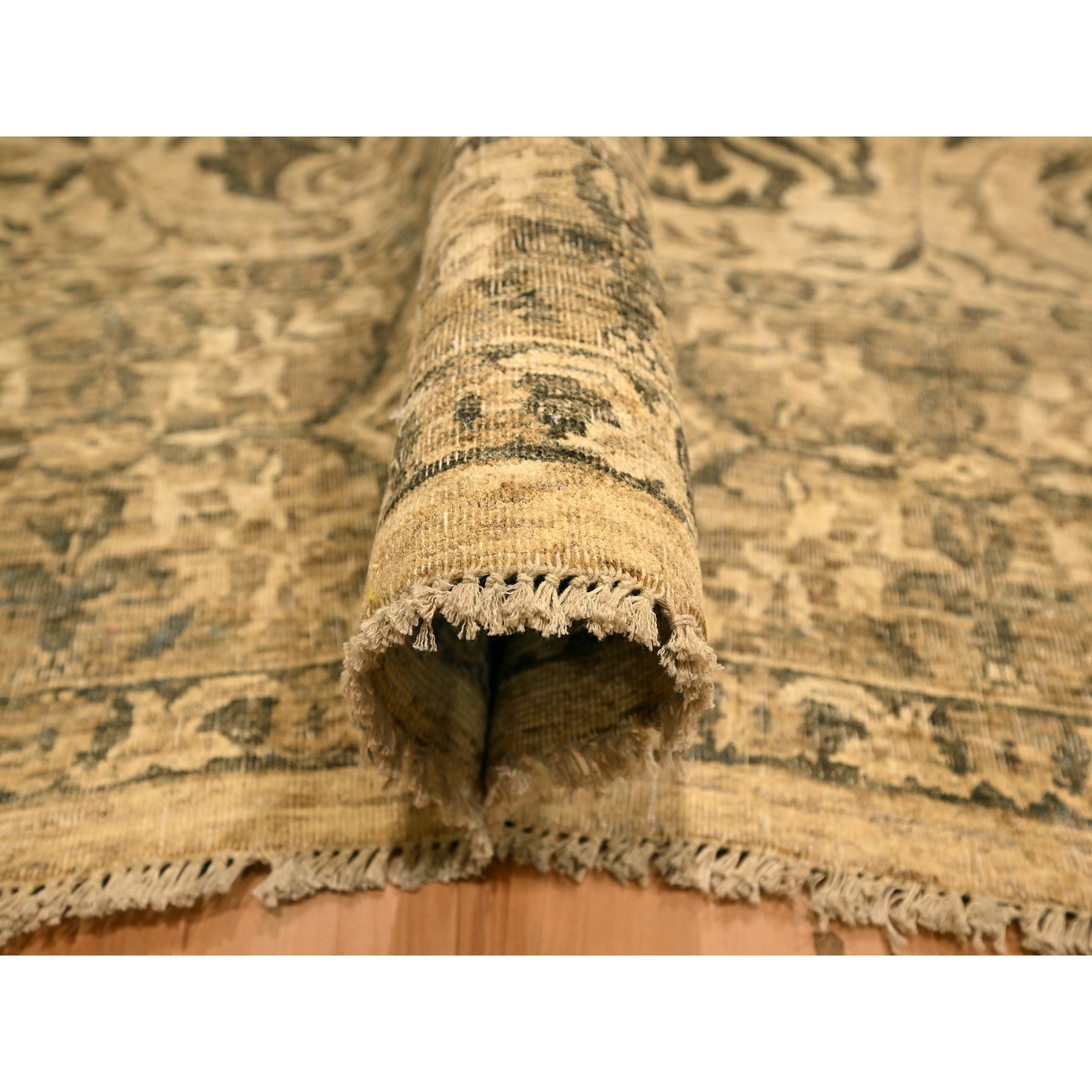 7'10"x9'9" Earth Tone Colors, All Over Leaf Design, Undyed Natural Wool, Zero Pile, Distressed, Shaved Low, Hand Knotted, Oriental Rug HR76192 - Image 5