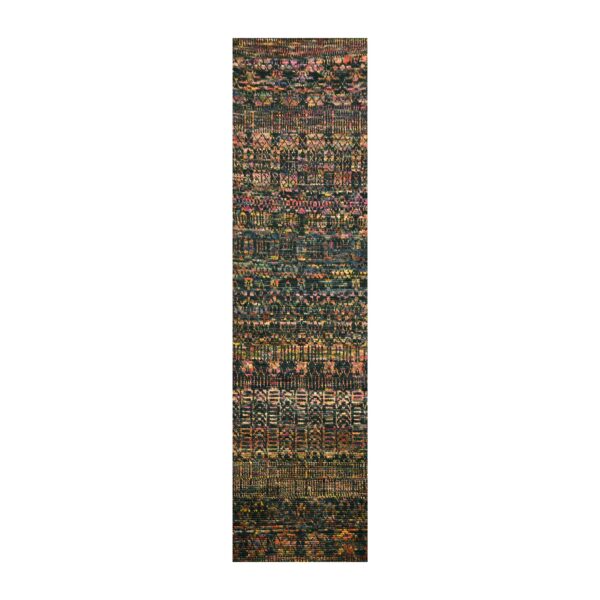 2'6"x11' Caviar Black, Sari Silk and Wool, Geometric Pattern Combined with a Striae Design, Textured Pile, Hand Knotted, Runner, Oriental Rug HR76206