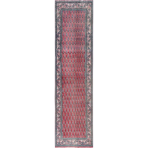 3'2"x12'4" Crimson Red, Vintage Persian Tabriz with Acorn Design Intricate Repetitive Pattern, 100% Wool, Hand Knotted, Shaved Down, Zero Pile, Sides and Ends Professionally Secured, Good Condition, Runner, Oriental Rug HR779