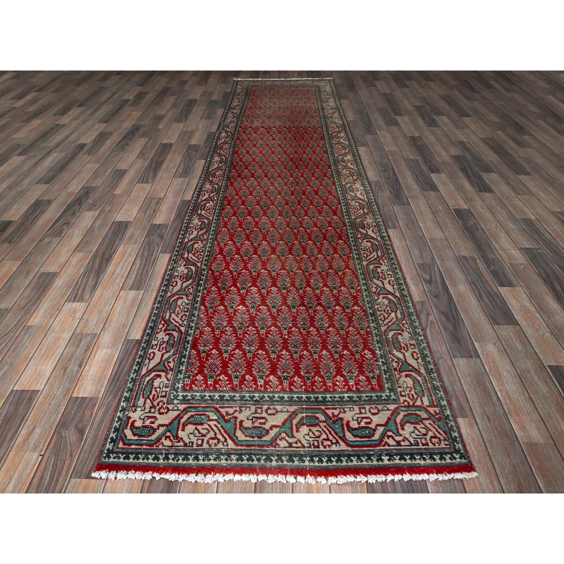 3'2"x12'4" Crimson Red, Vintage Persian Tabriz with Acorn Design Intricate Repetitive Pattern, 100% Wool, Hand Knotted, Shaved Down, Zero Pile, Sides and Ends Professionally Secured, Good Condition, Runner, Oriental Rug HR779 - Image 2